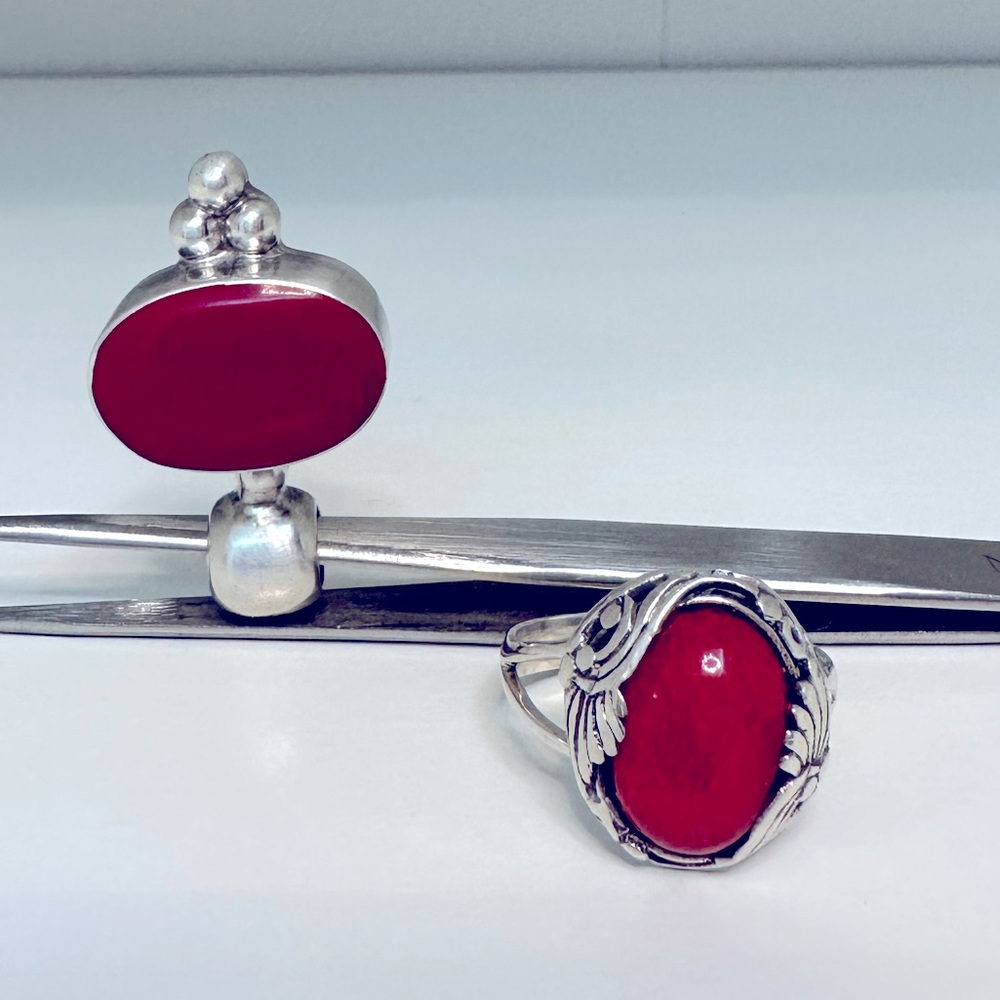 Coral 925 Sterling Silver Set of Ring and Pendant